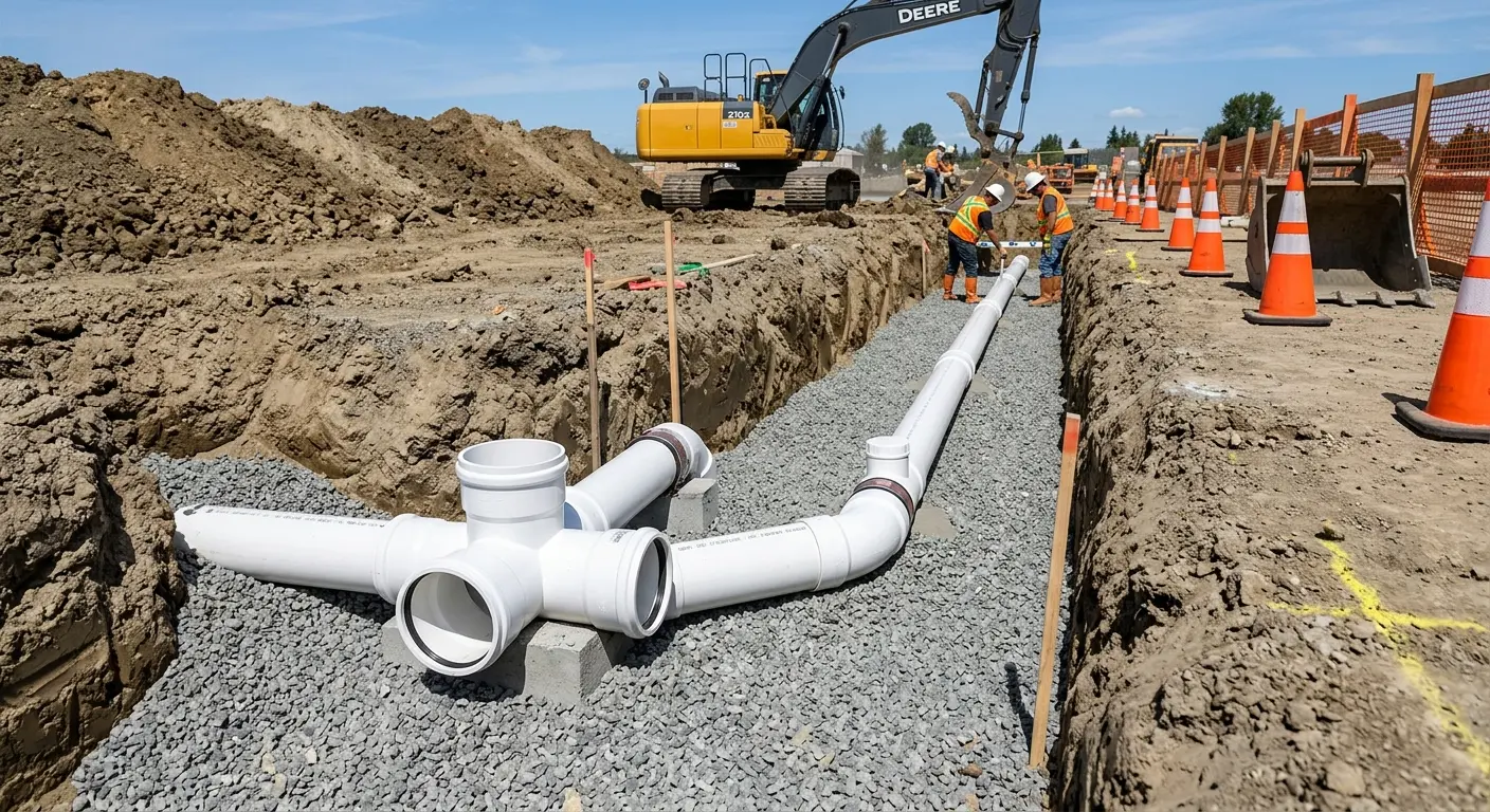 New PVC sewer pipe installation in open trench for Commercial Drain Cleaning in Mentor-on-the-Lake