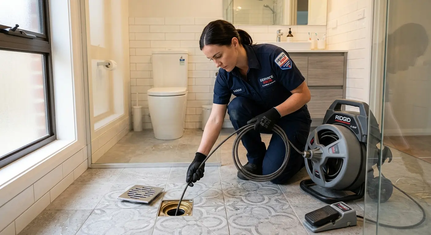 Technician clearing a bathroom floor drain for Sewer Line Replacement in Mentor-on-the-Lake